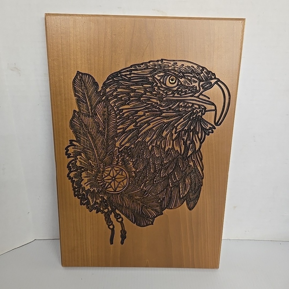 Vintage Wood Plaque Wall Art‎ 16x11" Eagle With Native American Feathers